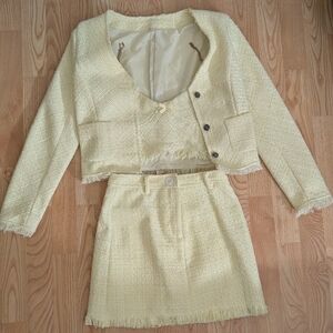 3-Piece Light Yellow Tweed Women's Jacket, Bralette, & Skirt Set Size XS